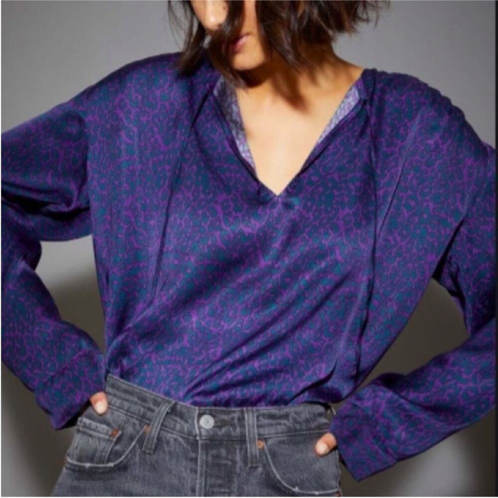Nation LTD | Maura Cheetah Animal Print Long Sleeve Blouse Satin Purple Large